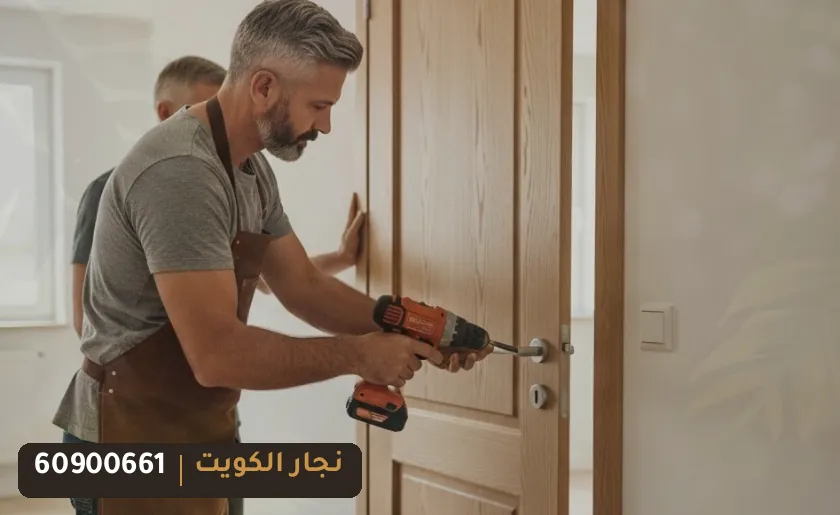 نجار أبواب في الكويت يركّب قفل باب خشب داخلي بالدريل – نجار الكويت 60900661